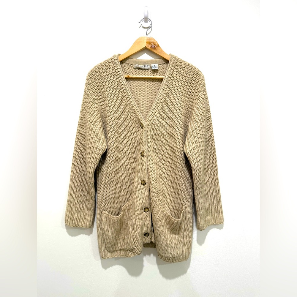 Vintage Chaus Beige Wool Cable Knit Button-Up Pockets Fisherman Cardigan Medium
